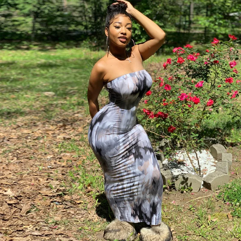 2023 Sleeveless Slash Neck Tye Die Style Skinny Maxi Dress Spring Summer Women Fashion  Streetwear Casual Outfits