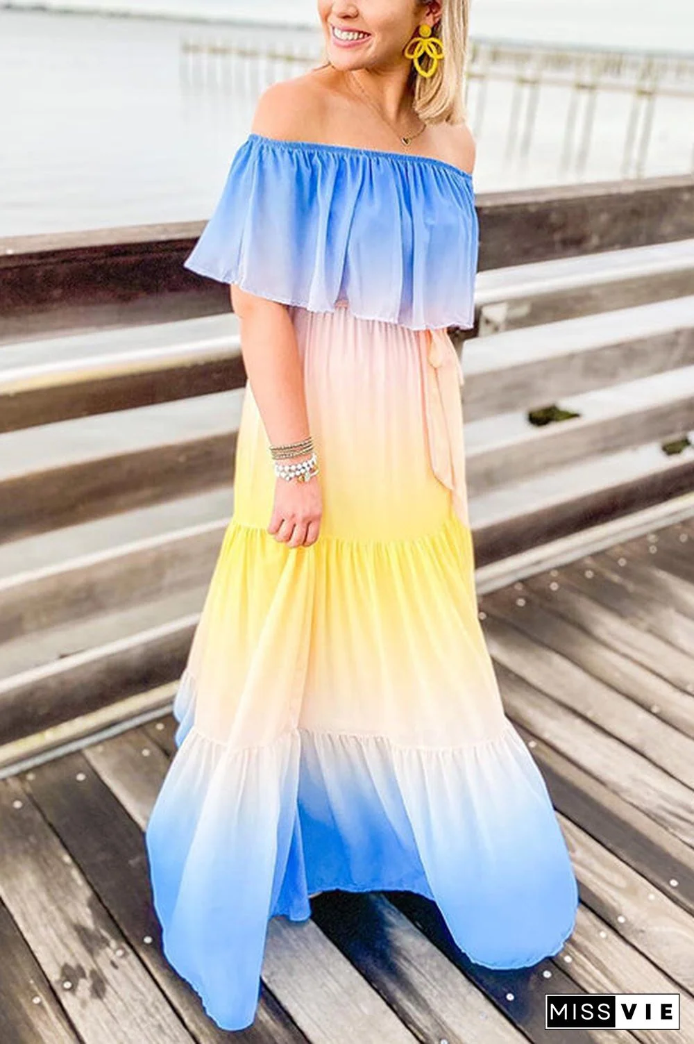 Gradient Off Shoulder Belted Maxi Dress