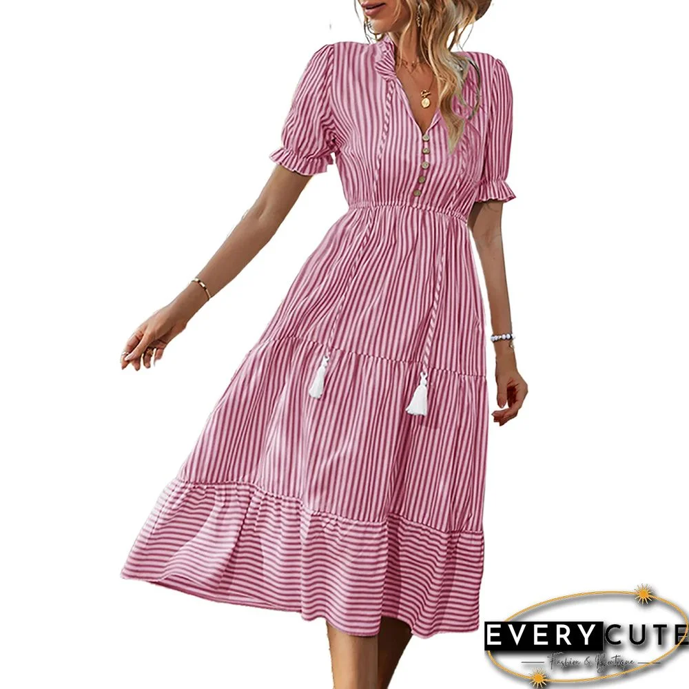 Red Striped Lace-up Button Short Sleeve Midi Dress