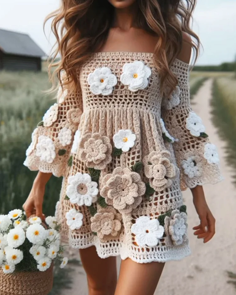 Pastoral Crochet Floral Knitted Mini Dress