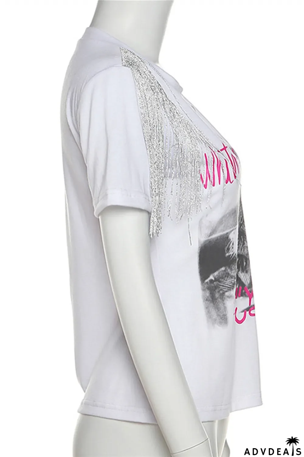 White Fashion Casual Print Tassel Patchwork V Neck T-Shirts