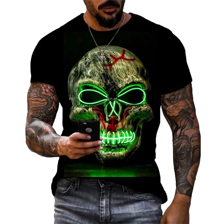 3D Print O-neck Short Sleeve Skeleton Street Hip-hop Shirt Oversized Tops at Hiphopee