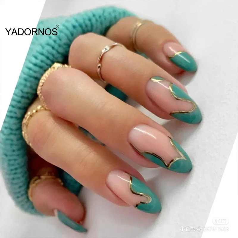24pcs Mint Green Nail Patch Round Head Glue Type Removable Long Paragraph  Fashion Manicure Save Time False Nail Patch TY