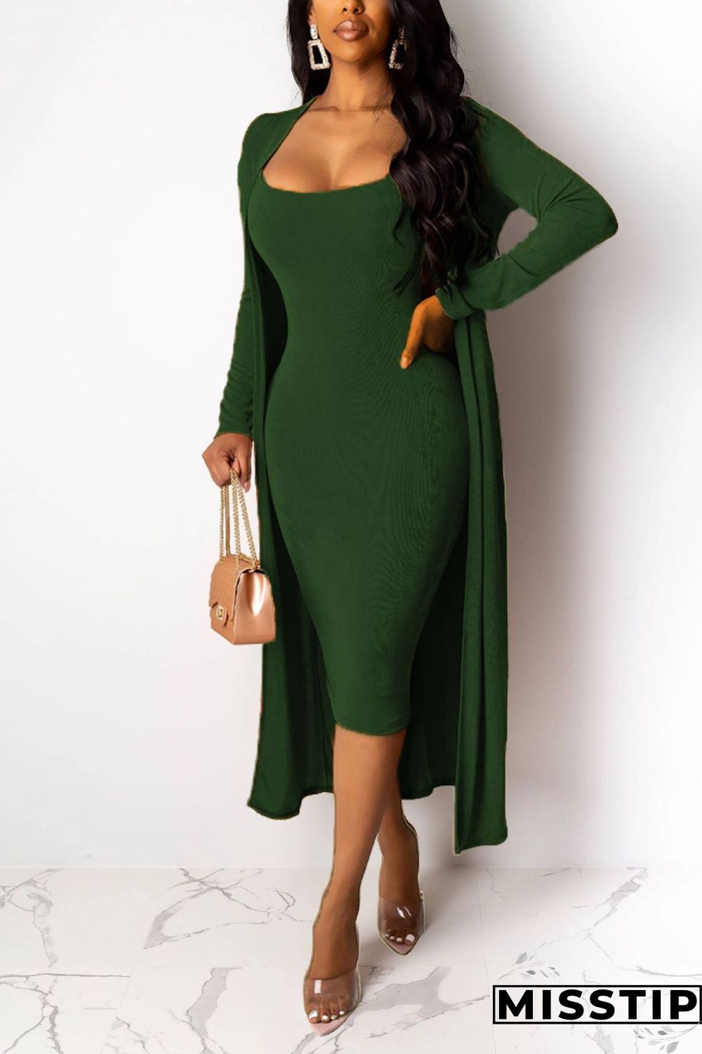 Dark green Sexy V-Neck Silver Fox Fleece Two-Piece Suit