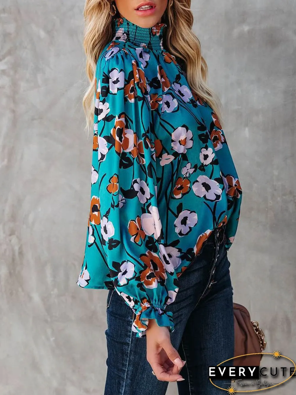 Turtle Neck Casual Long Sleeve Floral Blouse