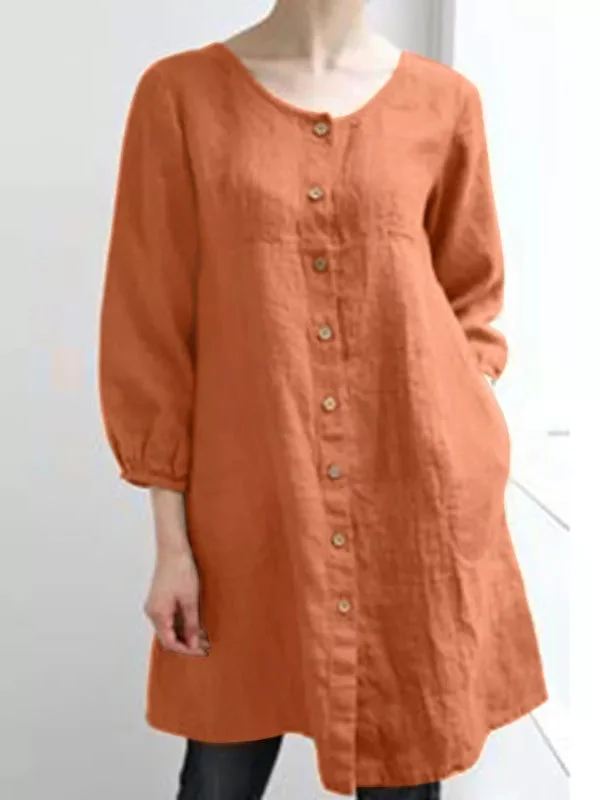Women's Loose Long-Sleeved Solid Button Linen Top
