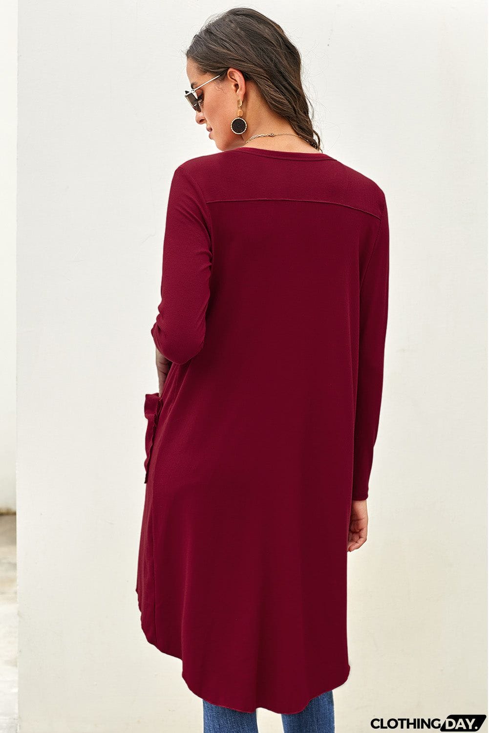 Burgundy Selected Button Down Pocketed Knit High Low Long Cardigan