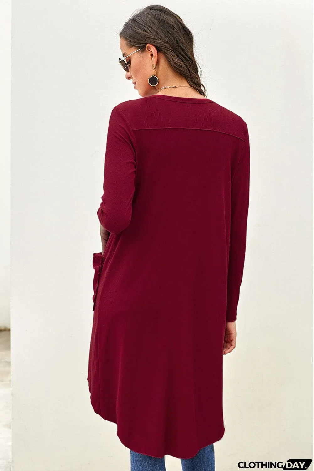 Burgundy Selected Button Down Pocketed Knit High Low Long Cardigan