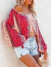 Floral Print V-Neck Long Sleeve Loose Casual T-Shirt Top