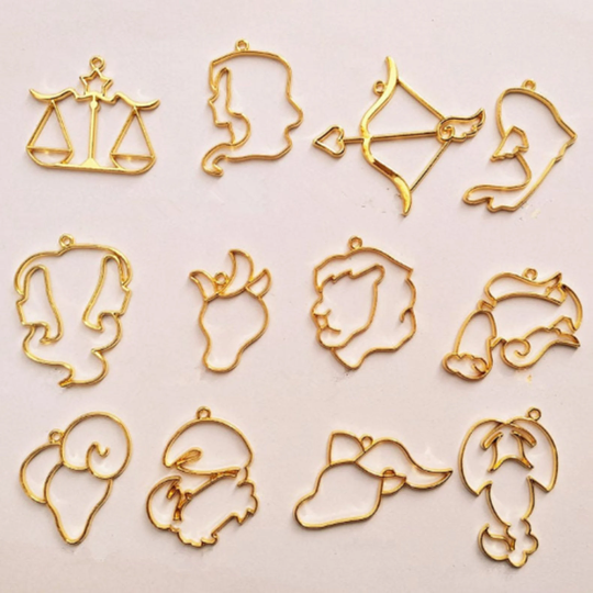 12Pcs 12 Constellations Bezel Gold Charm Bezel Setting Cabochon Setting UV Resin Charm Hollow Zodiac Sign Star shaped pendant Jewelry