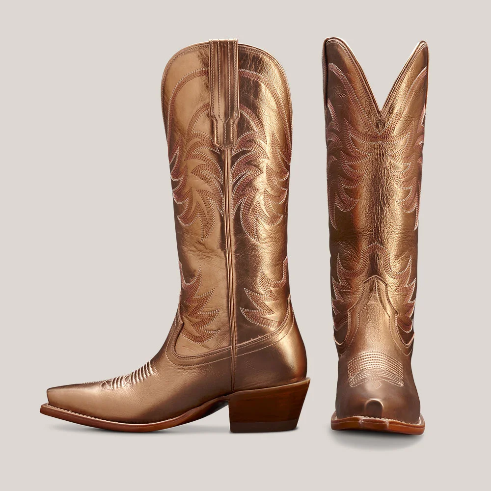 Gold Snip Toe Chunky Heel Pull Tab Western Boots with Embroidered