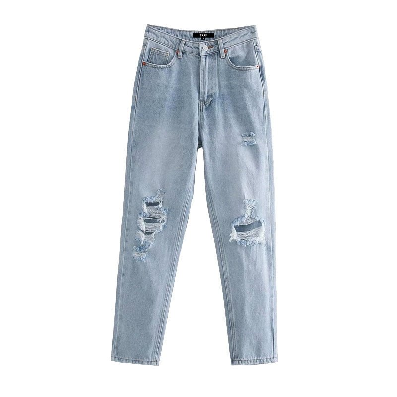 TRAF Women Chic Fashion Ripped Hole Side Pockets Jeans Vintage High Waist Zipper Fly Denim Female Ankle Trousers Mujer