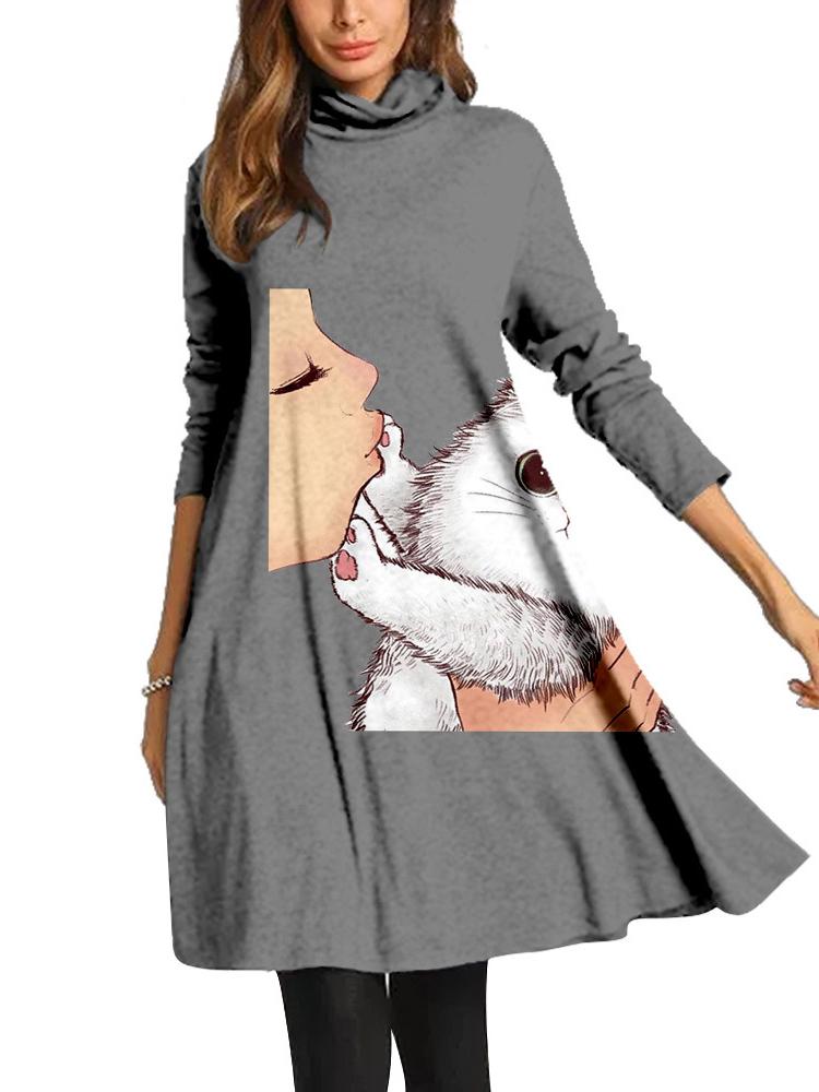 Women Long Sleeve Scoop Neck Printed Midi Dress