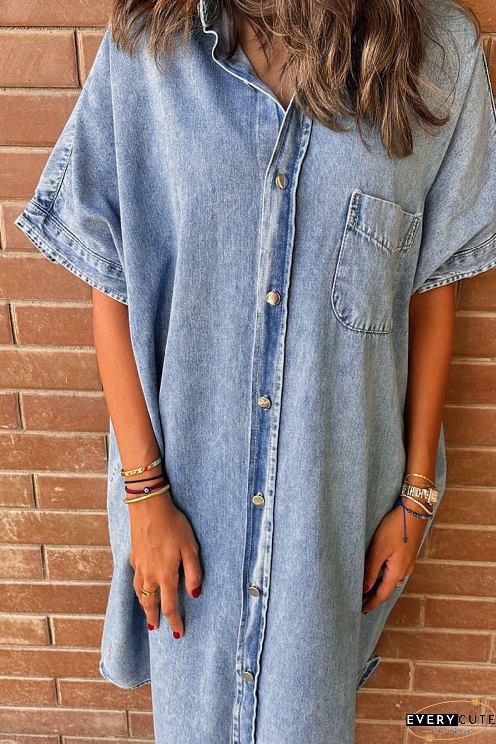 Denim Shirt Dress with Button Pockets