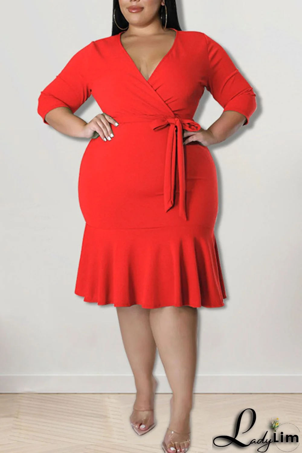 Black Casual Solid Bandage Patchwork Flounce V Neck Straight Plus Size Dresses