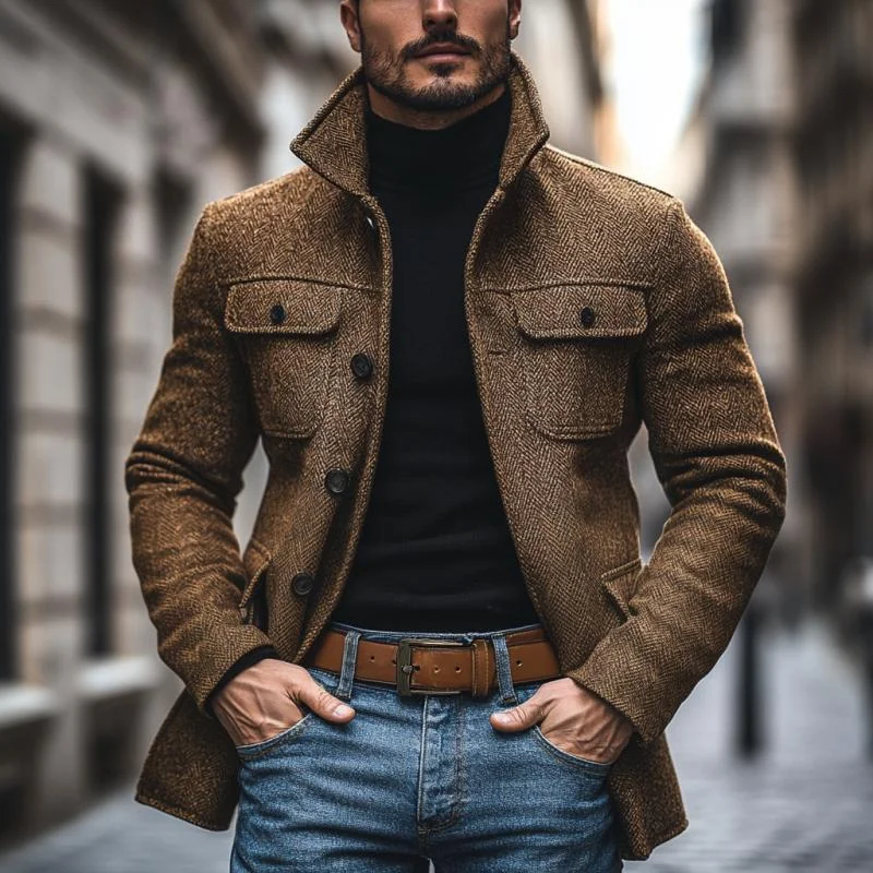 Men's Vintage Herringbone Lapel Multi-Pocket Mid-Length Coat