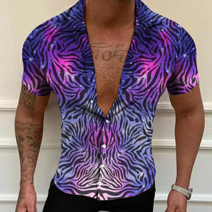 Purple Zebra Casual Digital Printing Short Sleeve Tops Men's Shirts-VESSFUL