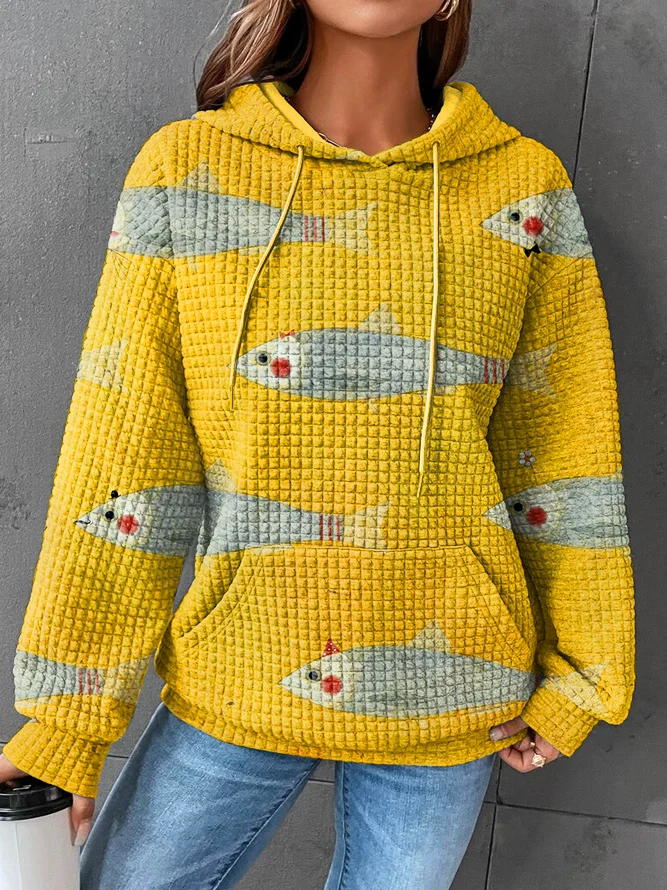 Vintage Yellow Cute Fish Art Waffle Hooded Sweatshirt