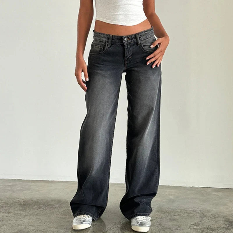 Aiertu Women Y2K Wide Leg Denim Pants Baggy Low Waist Boyfriend Jeans Casual Vintage Loose Fit Jeans Trousers Cyber Grunge Streetwear Aiertu