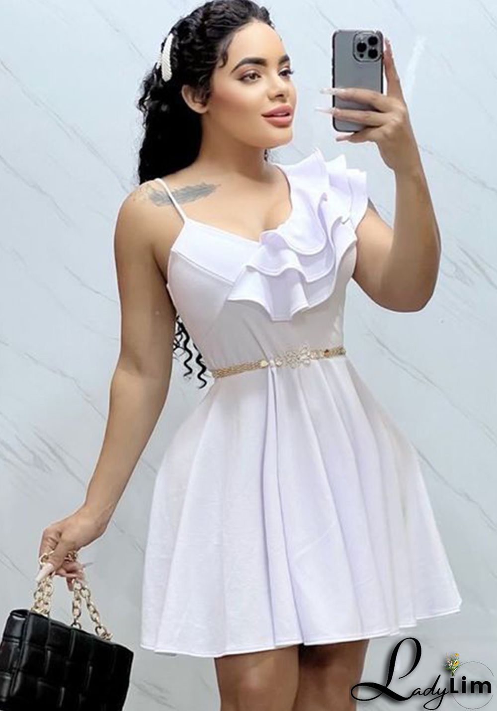 Women's Summer Solid Color Sexy Low Back Ruffle Strap Dress