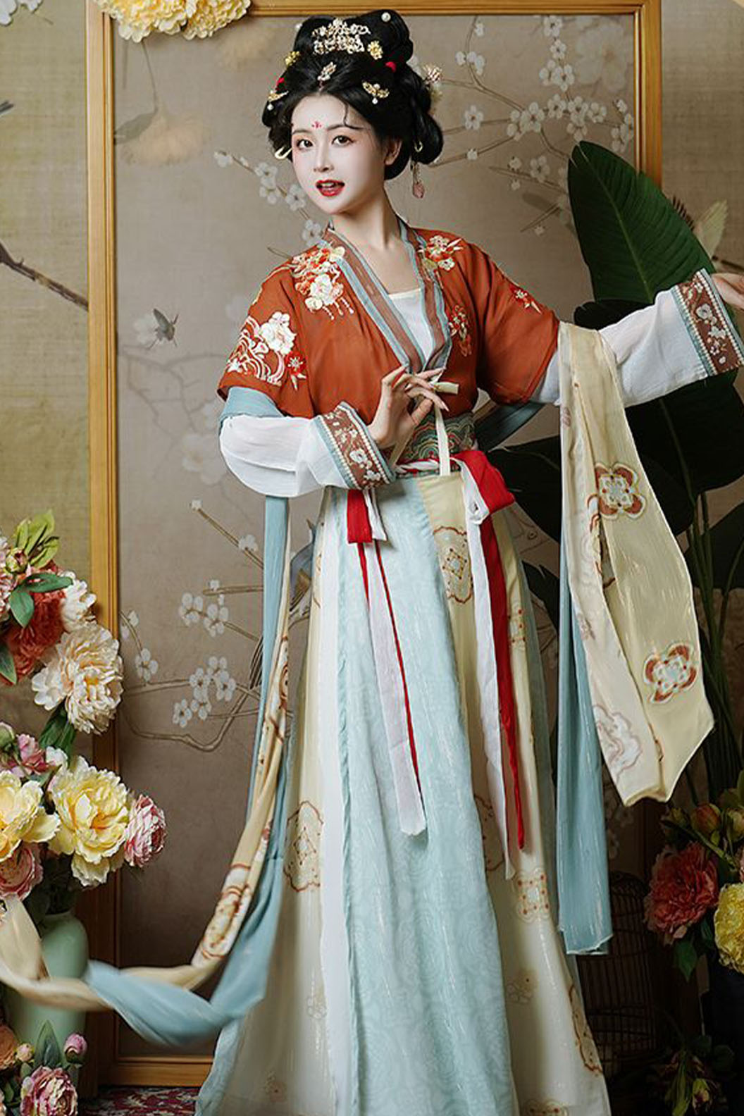 Tang dynasty hanfu with mid-waisted eight-panel skirt hanfu dress for summer - xiuluoqing 绣罗轻 Stupa Stones