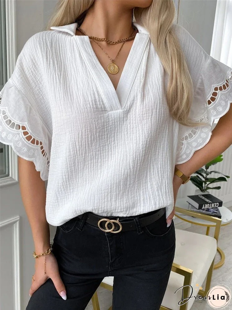 Blouses Casual V-Neck Lace Short Sleeve Blouse for Women