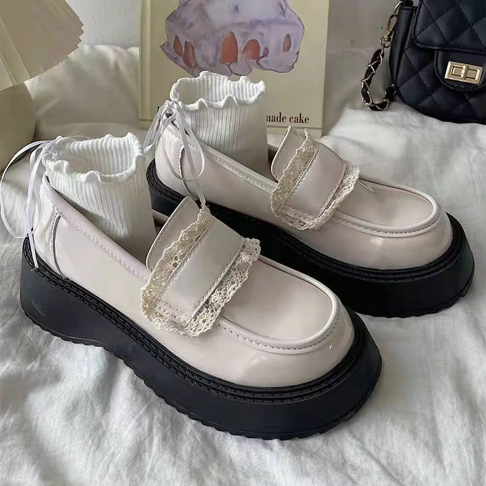 2022 British Style Lolita Shoes Femme PU Slip on Platform Woman Vulcanize Shoes Lace Zapatillas Mujer Vintage Ladies Footwear