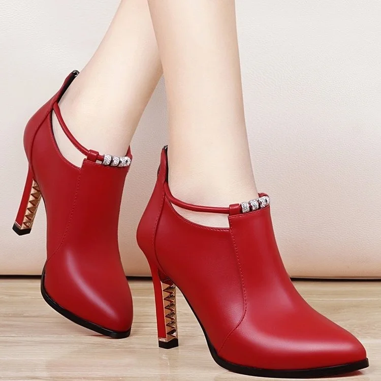 2021new Winter Boots Women Shallow Round Toe Red Women's Boots Thin Heels Zip Ankle Boots Pu Leather Zapatos De Mujer