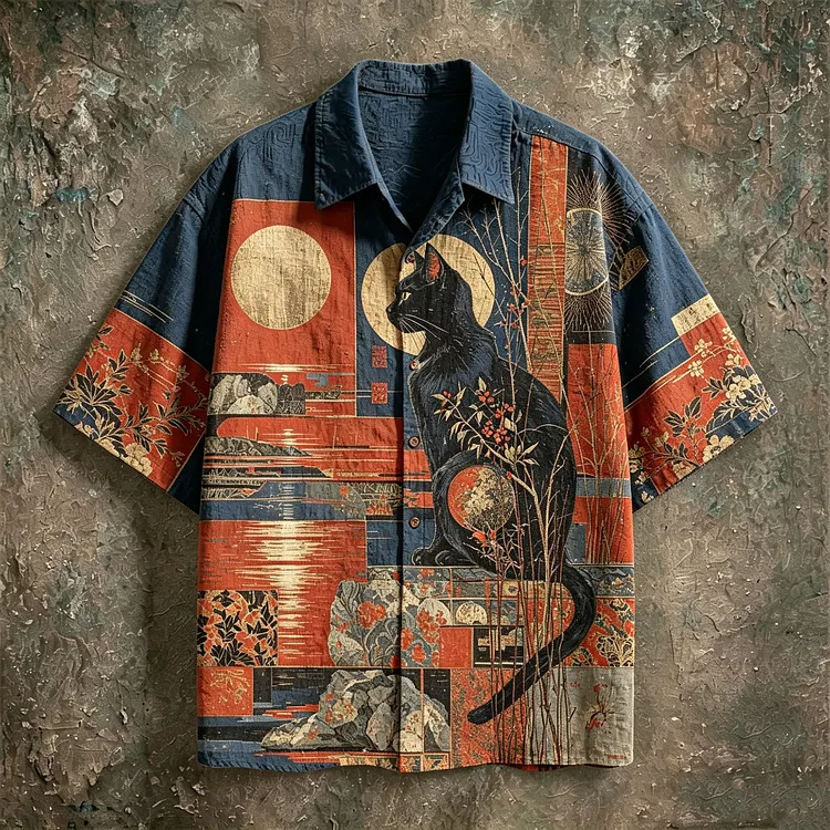 Ukiyo-e Black Cat Red Gold Block Print Hawaiian Shirt