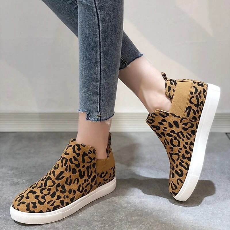 Women's Sneakers Plus Size Daily Winter Flat Heel Round Toe Casual Minimalism PU Leather Loafer Leopard Solid Colored Leopard Black Khaki | IFYHOME