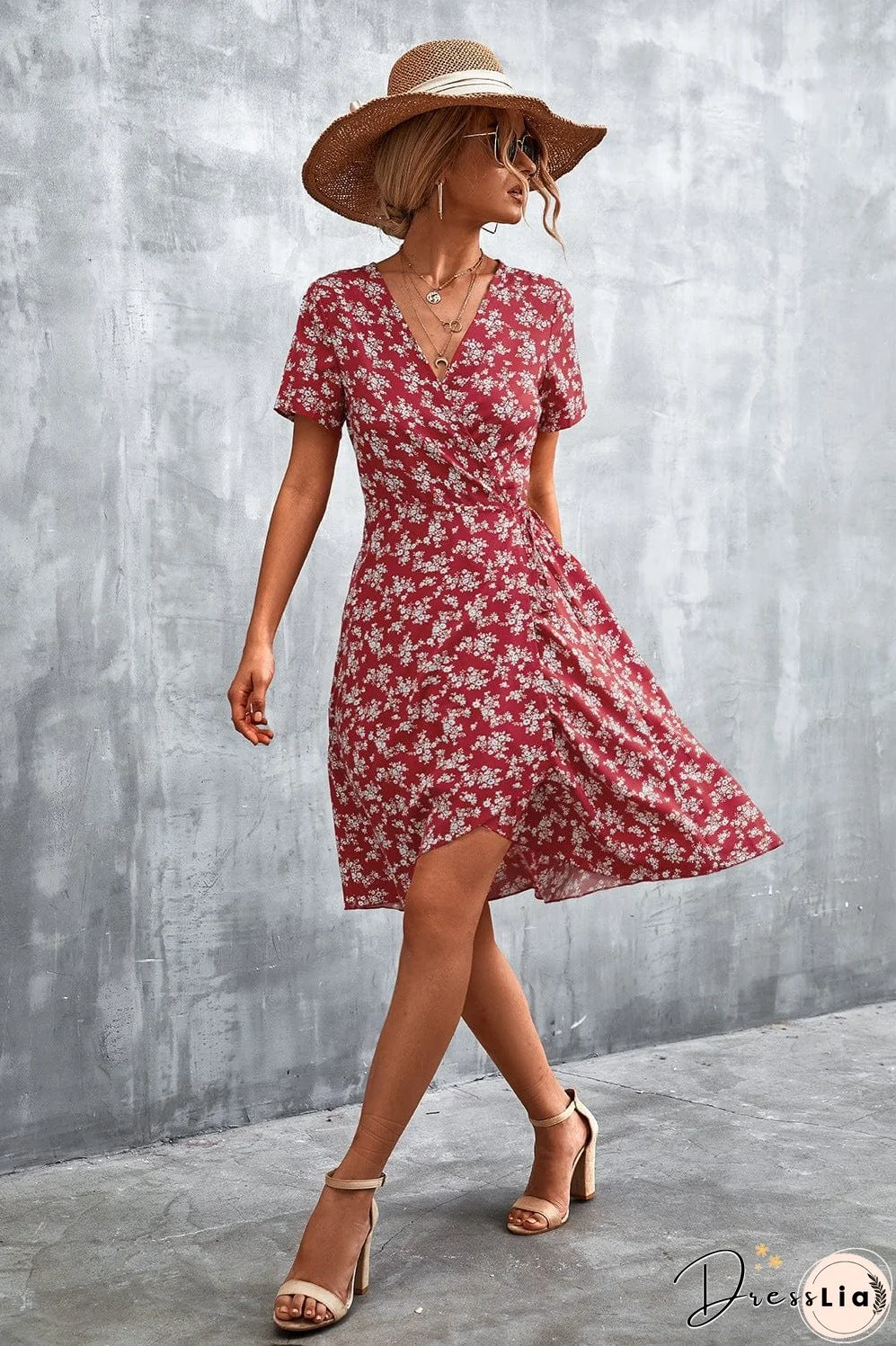 Floral Surplice Neck Flutter Sleeve Dress