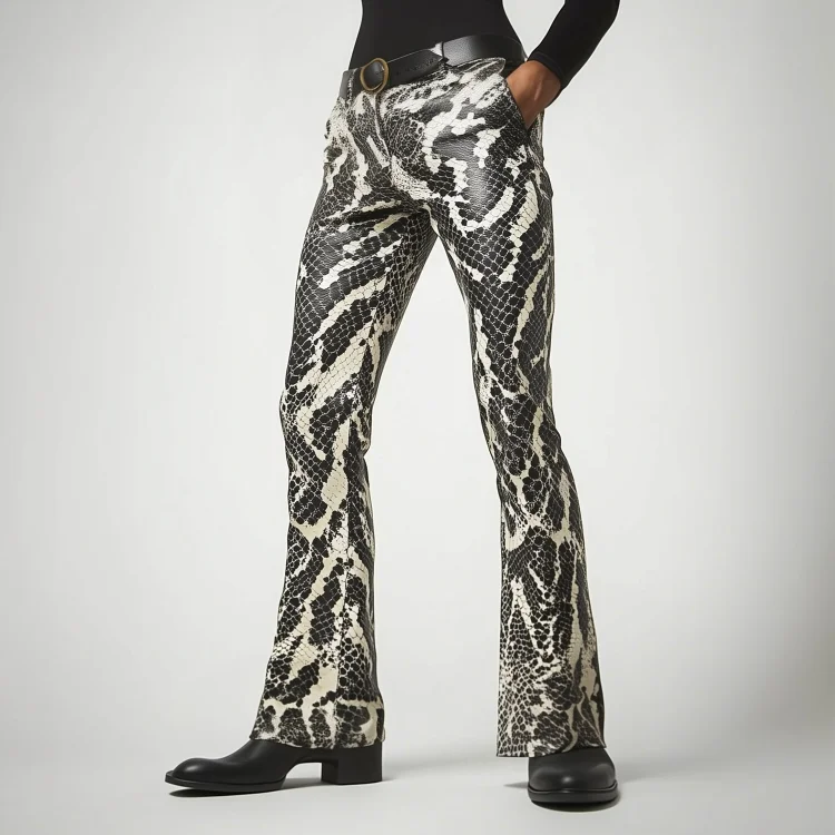 Okaywear Snakeskin Pattern PU Leather Bell Bottom Pants Okaywear