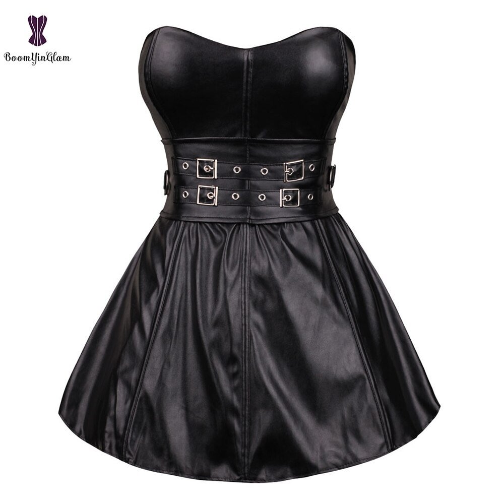 Uaang Up Punk Style Buckles Lace Up Boned Corselet Sexy Bustier Ovebust Faux Leather Corset Dress For Clubwear Size S-2XL 9003#