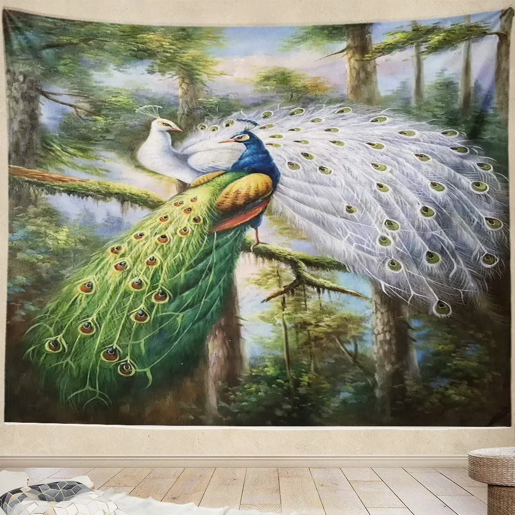 Sdrawing Forest Bird Peacock Couple Tapestry Home Bedroom Living Room Background Wall Decoration
