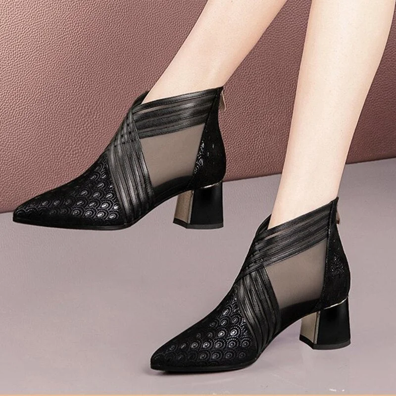 Summer Fashion solid mesh high heels pointed toe cross lines decoration ankle lady boots grace women ventilate boots red/black