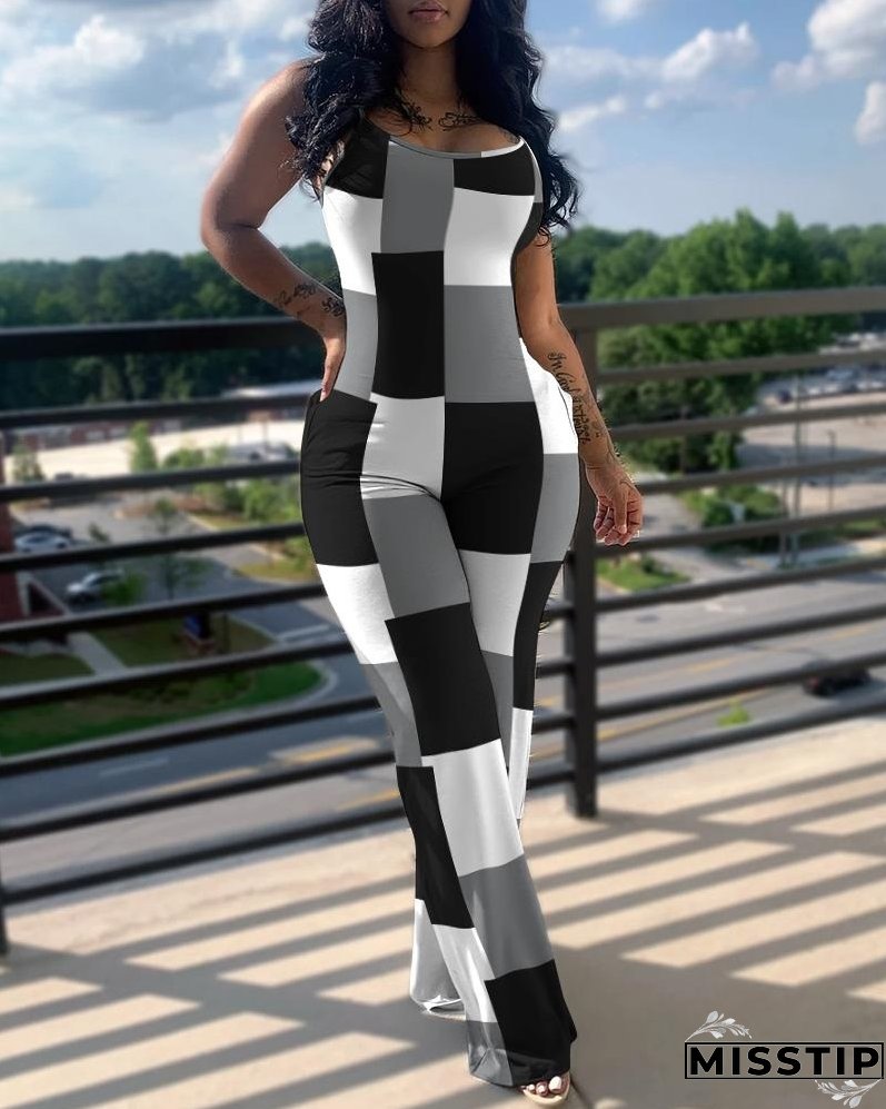 Printed Solid Color Straps Jumpsuit
