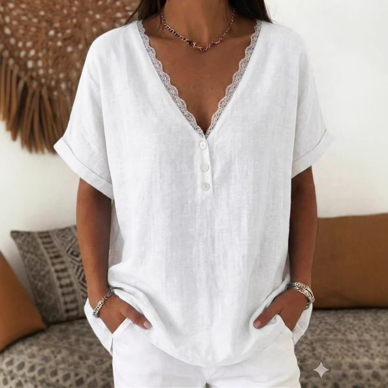 Women's Solid Color Lace V-neck Short Sleeve Linen Blend T-shirt wearshes