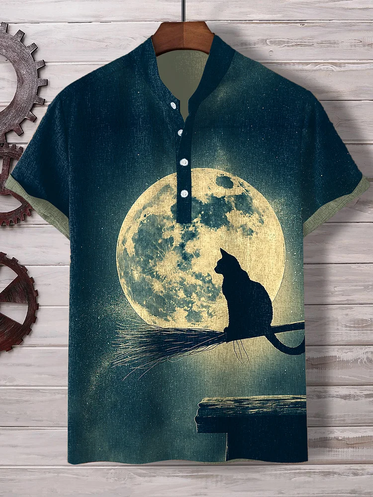 Men's Dark Night Black Cat Flies Moon Mysterious Art Print Shirt
