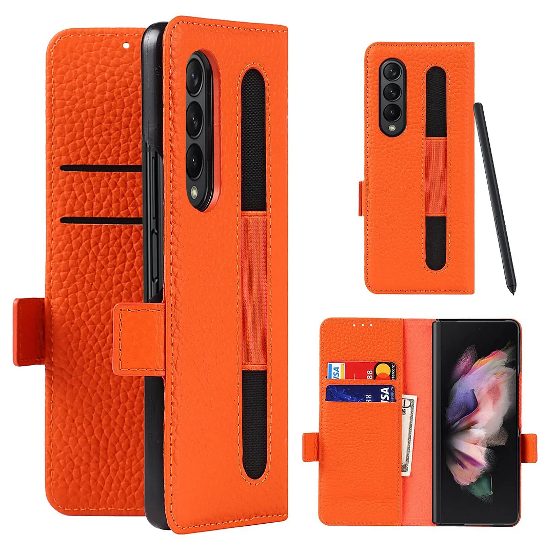 Luxury Soft Leather Phone Case With 2 Cards Slot,Kickstand,Stylus,Stylus Slot For Galaxy Z Fold3/Z Fold4/Z Fold5