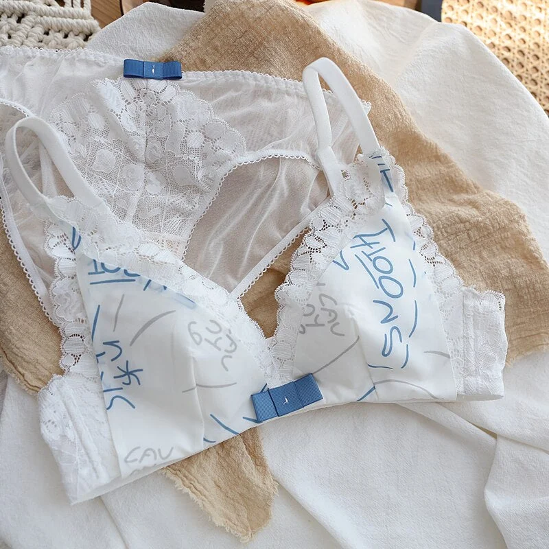 Wriufred Random letters graffiti lingerie with panties set thin underwear women's non-wireless comfortable bra set bow cute bras