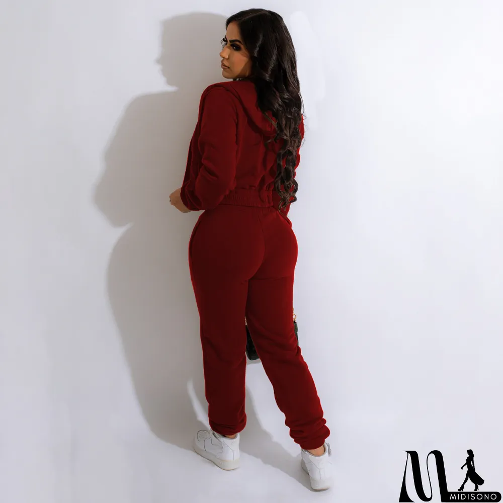 MidiSono - Plush Solid Tank Tops+Hooed Zipper Coat+Pants Sports Three Piece Set