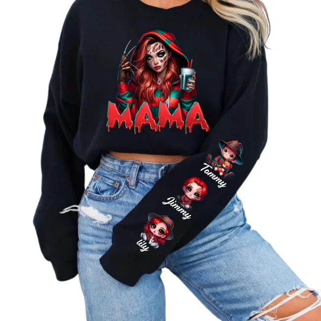 Horror MAMA Sweatshirt with Kid's Names on the Sleeve