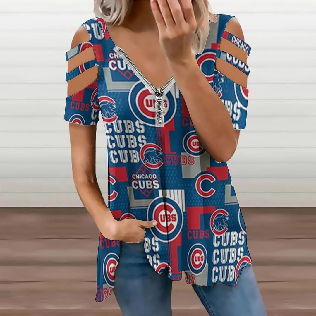 Shoulder Off V-neck Zipper Front Short Sleeve Casual T-shirt for Women Printed with Pattern,Blue,Red