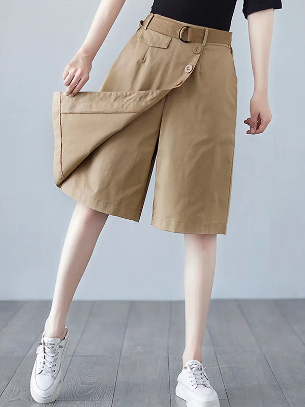 Artistic Retro Solid Color Wide Legs Belted High-Waisted Shorts