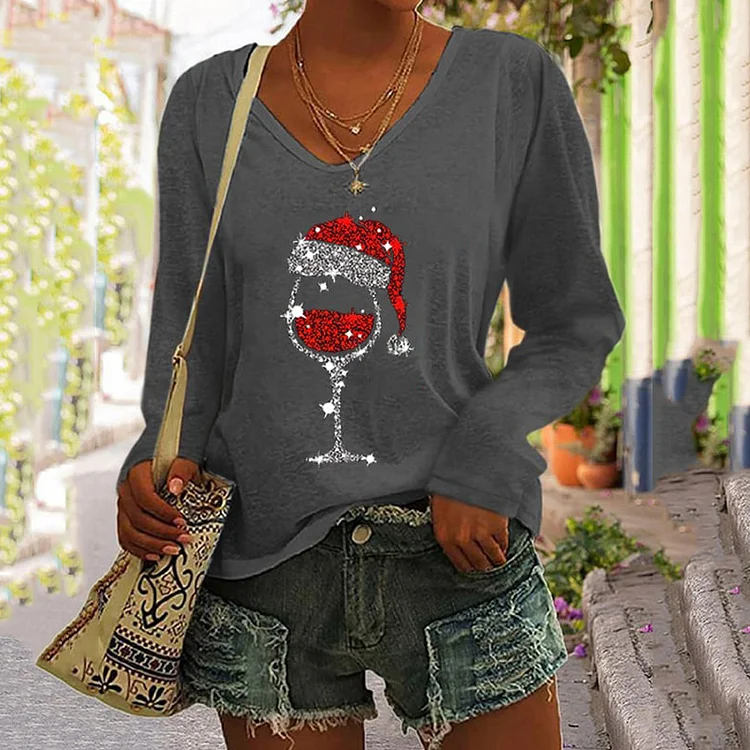 VChics Christmas Wine Glass Print V-Neck Long Sleeved T-Shirt