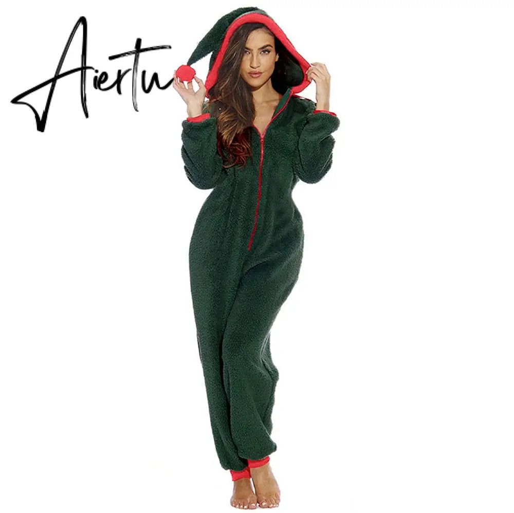 Women Christmas Hooded Pajama Coral Fleece Solid Color Zipper Jumpsuit Lady Winter Thermal Home Sleep Wear Green/Pink/Red Aiertu