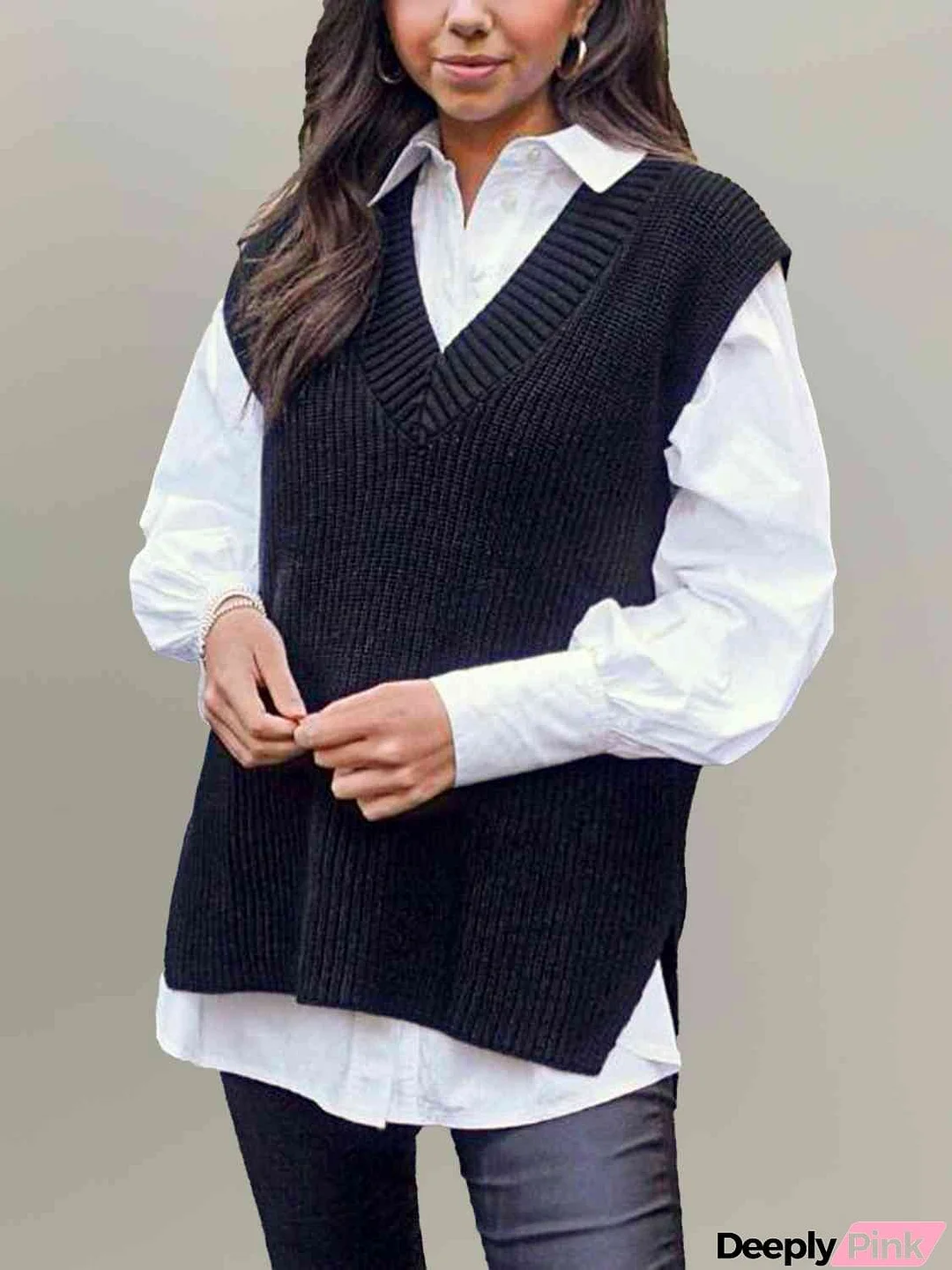 V-Neck Slit Sweater Vest