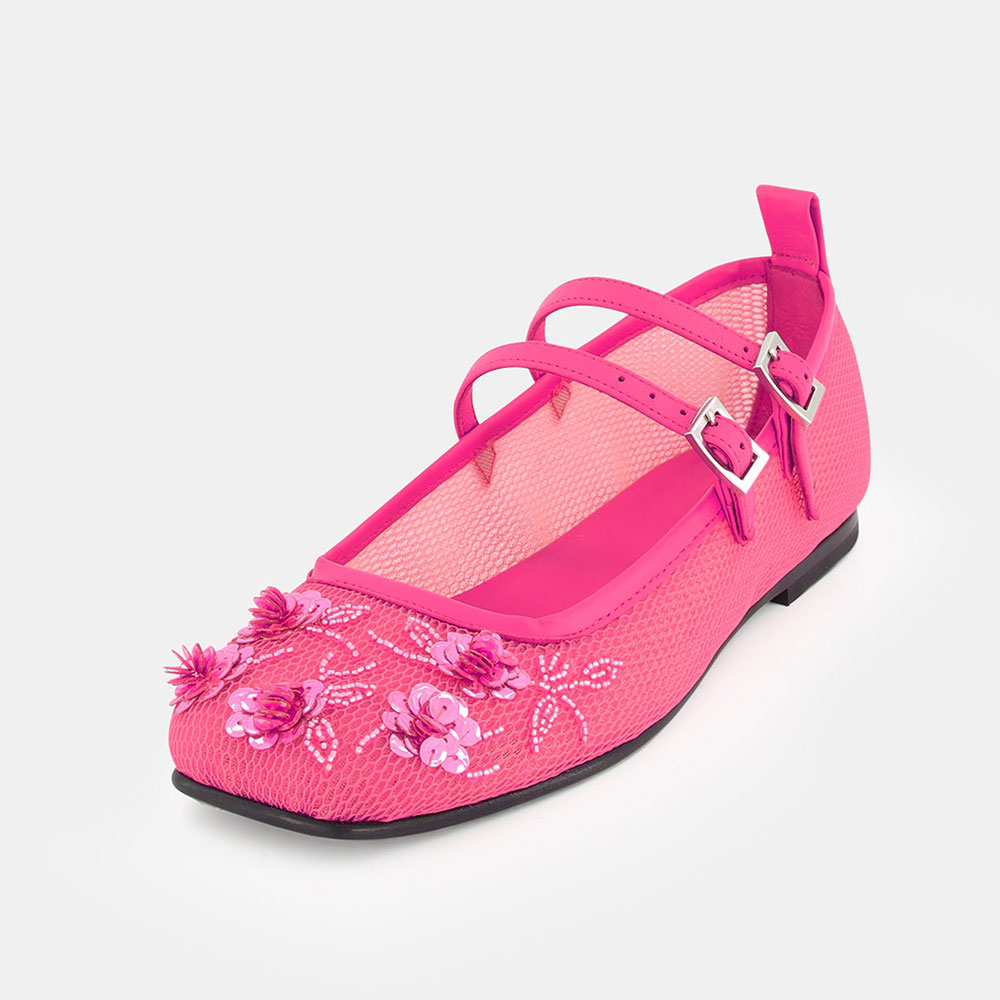 Pink Mesh Floral Beads & Sequins Buckle Fastening Mary Jane Flats Nicepairs