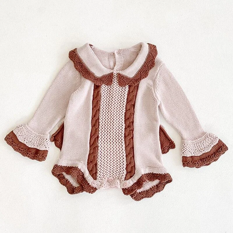 Spring Autumn Newborn Girls Lotus Leaf Collar Floral Jumpsuits Clothes Baby Knit Rompers Knitted Long Sleeve Children Rompers