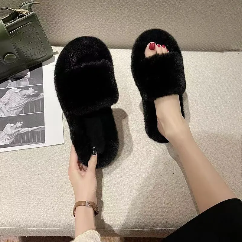 Breakj Breakj Hairy Slippers Women 2025 Autumn And Winter New Hairy Home Outside The Bottom Of The Wearing Plush Slippers